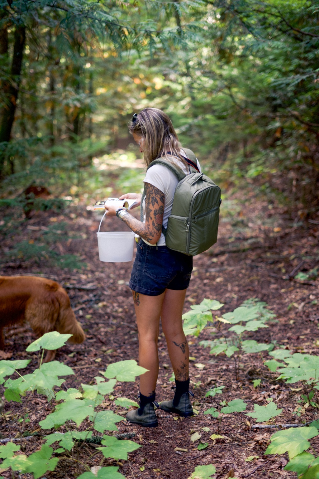 Hannah working in the forest with a camera and Mac nearby